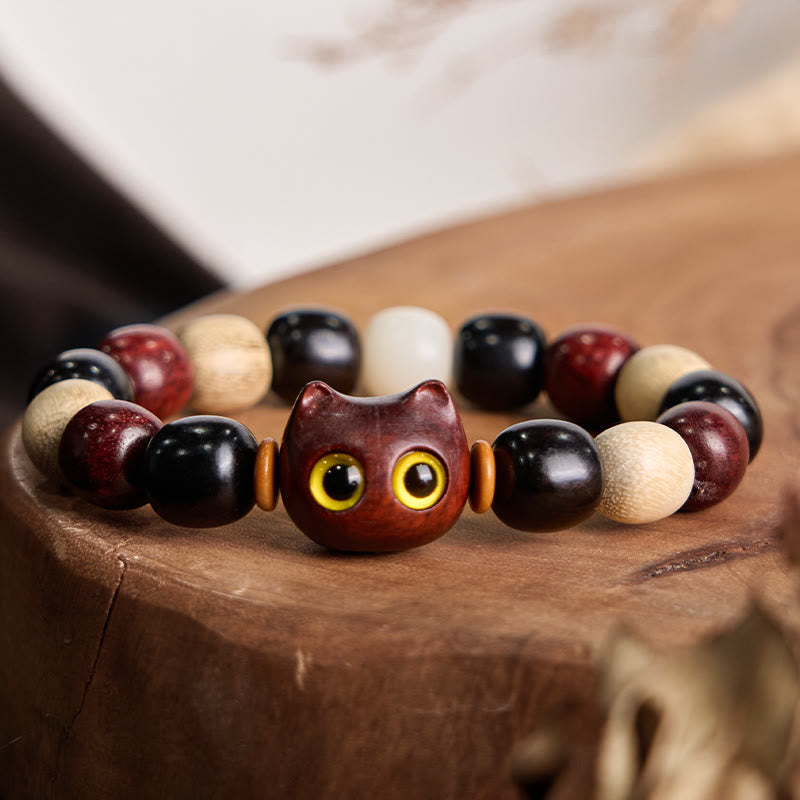 Nimara Ritual Small Leaf Red Sandalwood Ebony Wood Cute Cat Engraved Protection Bracelet