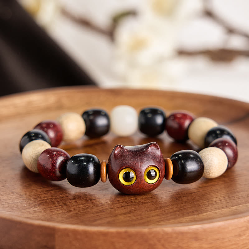 Nimara Ritual Small Leaf Red Sandalwood Ebony Wood Cute Cat Engraved Protection Bracelet