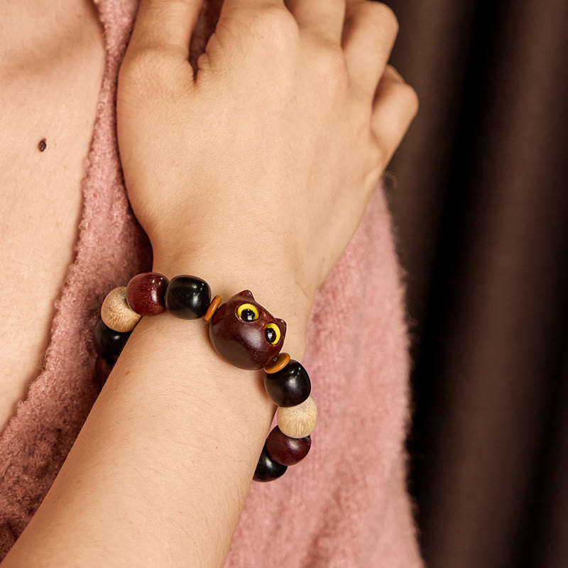 Nimara Ritual Small Leaf Red Sandalwood Ebony Wood Cute Cat Engraved Protection Bracelet