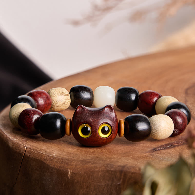 Nimara Ritual Small Leaf Red Sandalwood Ebony Wood Cute Cat Engraved Protection Bracelet