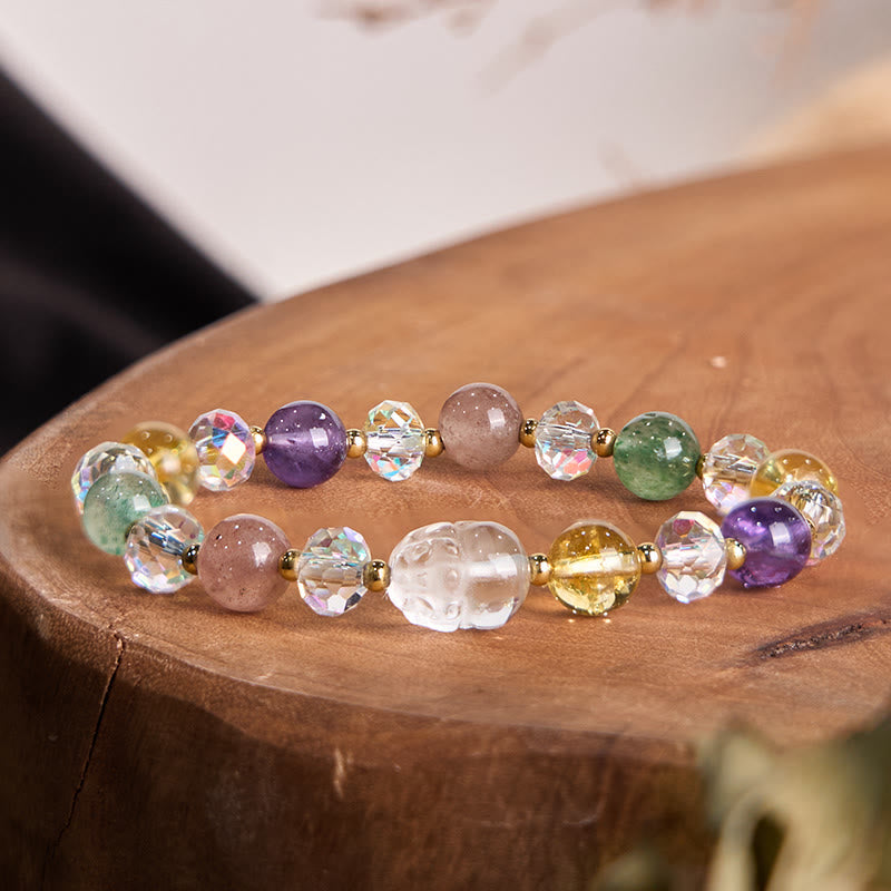 Nimara Ritual PiXiu White Crystal Citrine Green Strawberry Quartz Amethyst Luck Bracelet