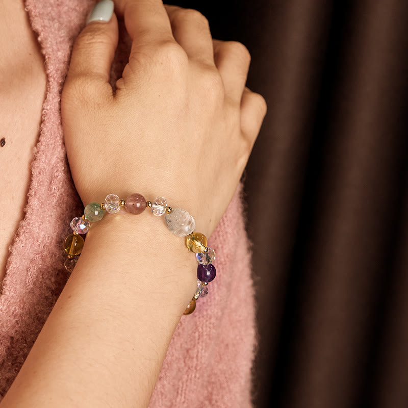Nimara Ritual PiXiu White Crystal Citrine Green Strawberry Quartz Amethyst Luck Bracelet