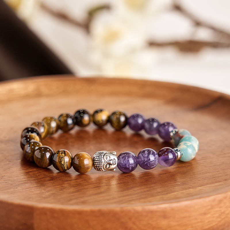 Nimara Ritual Natural Black Onyx White Stone Green Aventurine Tiger Eye Agate Mixed Color Buddha Head Protection Bracelet