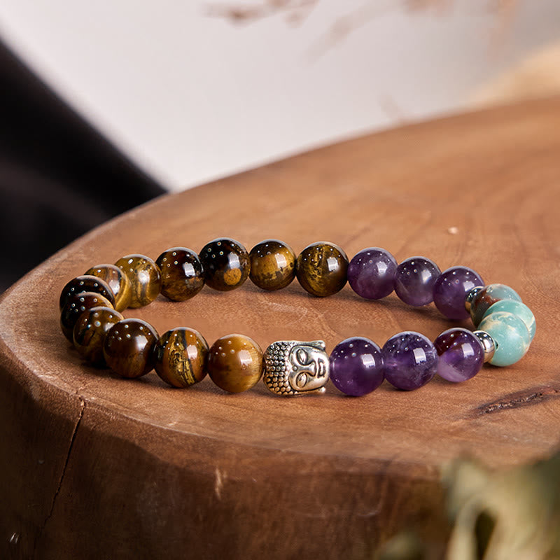 Nimara Ritual Natural Black Onyx White Stone Green Aventurine Tiger Eye Agate Mixed Color Buddha Head Protection Bracelet