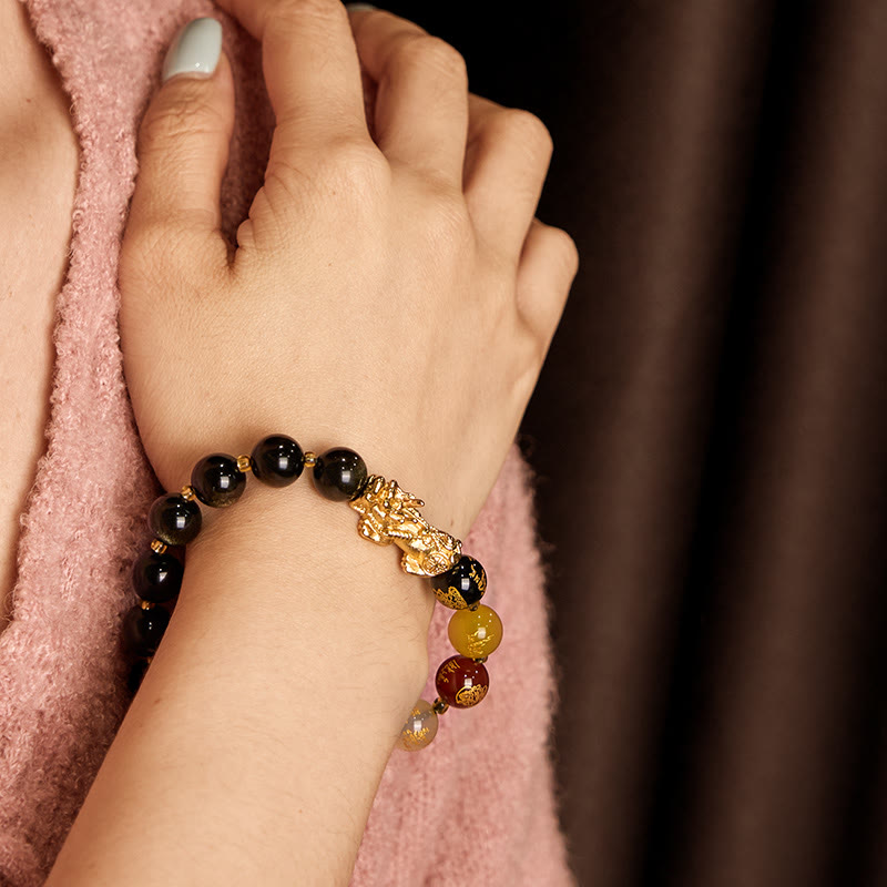 Nimara Ritual Natural Gold Sheen Obsidian PiXiu Five Directions Gods of Wealth Protection Bracelet