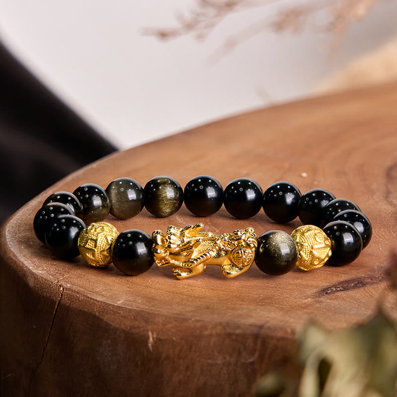 Nimara Ritual Natural Gold Sheen Obsidian PiXiu Om Mani Padme Hum Wealth Bracelet