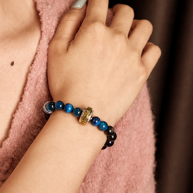 Nimara Ritual Silver Sheen Obsidian Blue Tiger Eye Om Mani Padme Hum Protection Bracelet