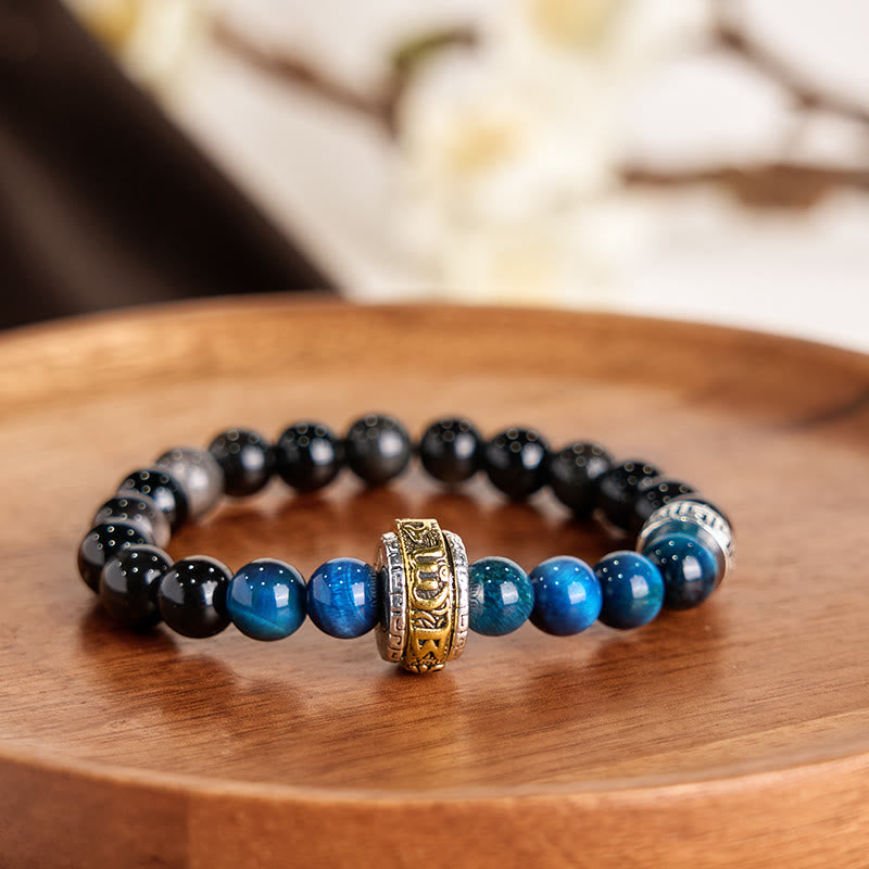 Nimara Ritual Silver Sheen Obsidian Blue Tiger Eye Om Mani Padme Hum Protection Bracelet