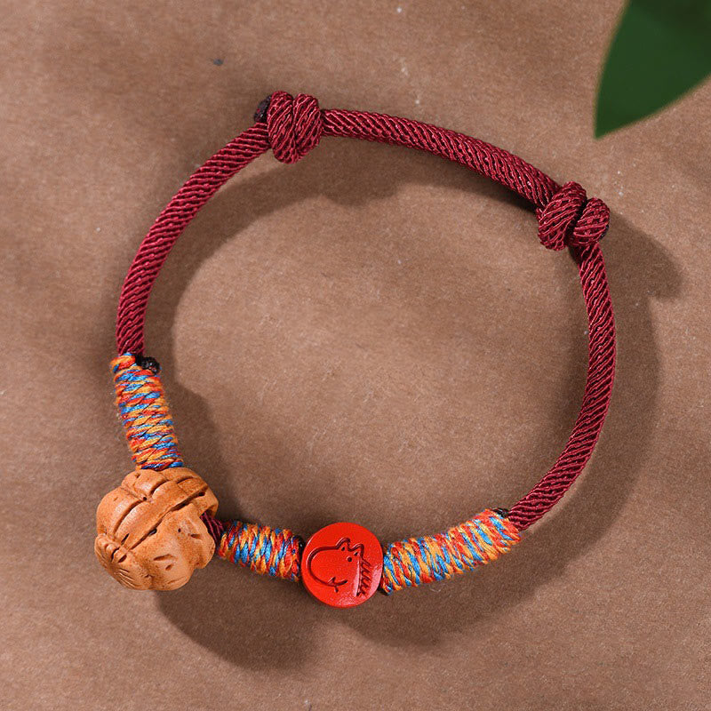 Nimara Ritual Handmade Chinese Zodiac Red String Peach Pit Cinnabar Luck Bracelet