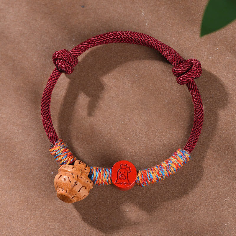 Nimara Ritual Handmade Chinese Zodiac Red String Peach Pit Cinnabar Luck Bracelet
