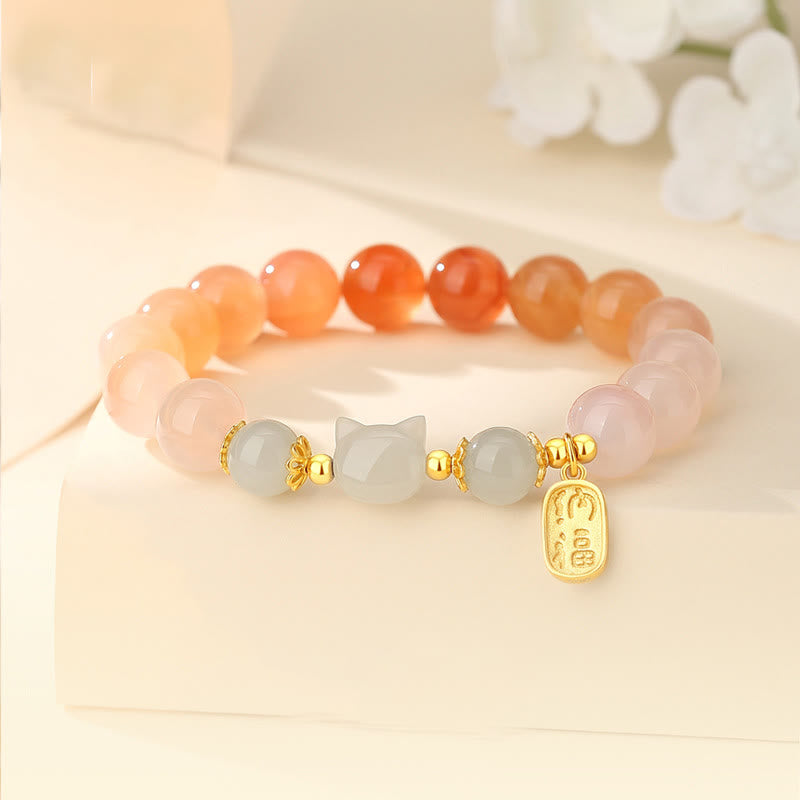 Nimara Ritual 925 Sterling Silver Red Agate Hetian Jade Cat Fu Character Confidence Bracelet