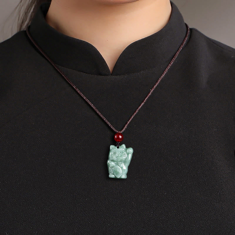 Prosperity and Abundance Lucky Cat Jade Necklace Pendant