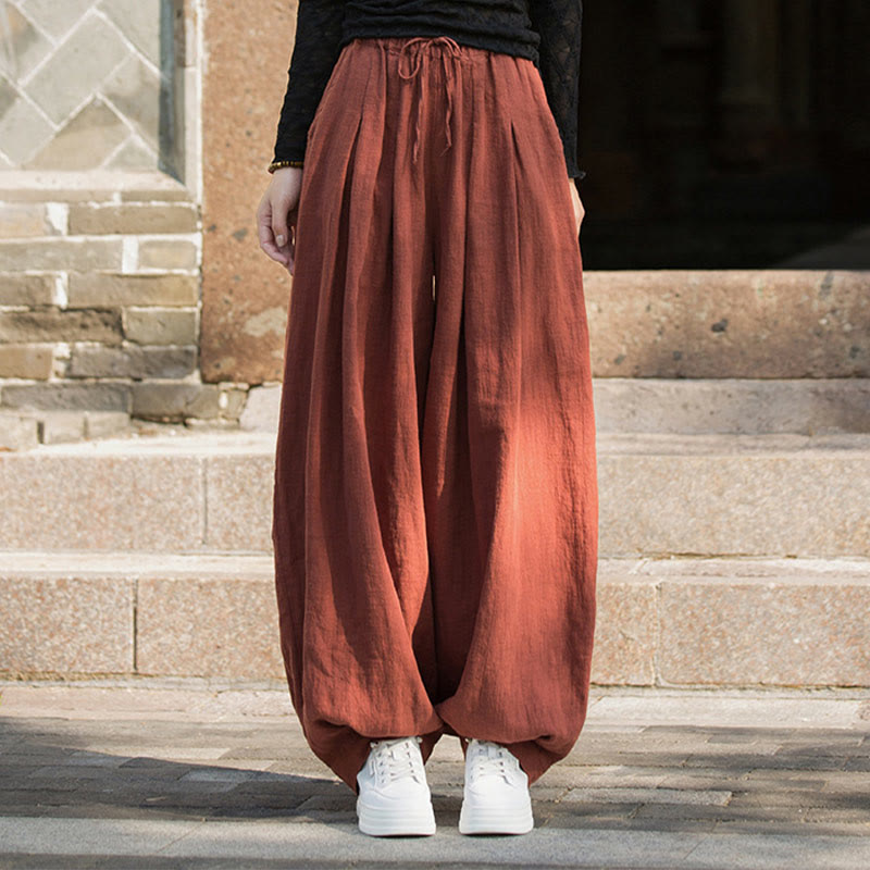 Nimara Ritual Casual Plain Loose Waist Tie Rope Women's Ramie Cotton Pants With Pockets