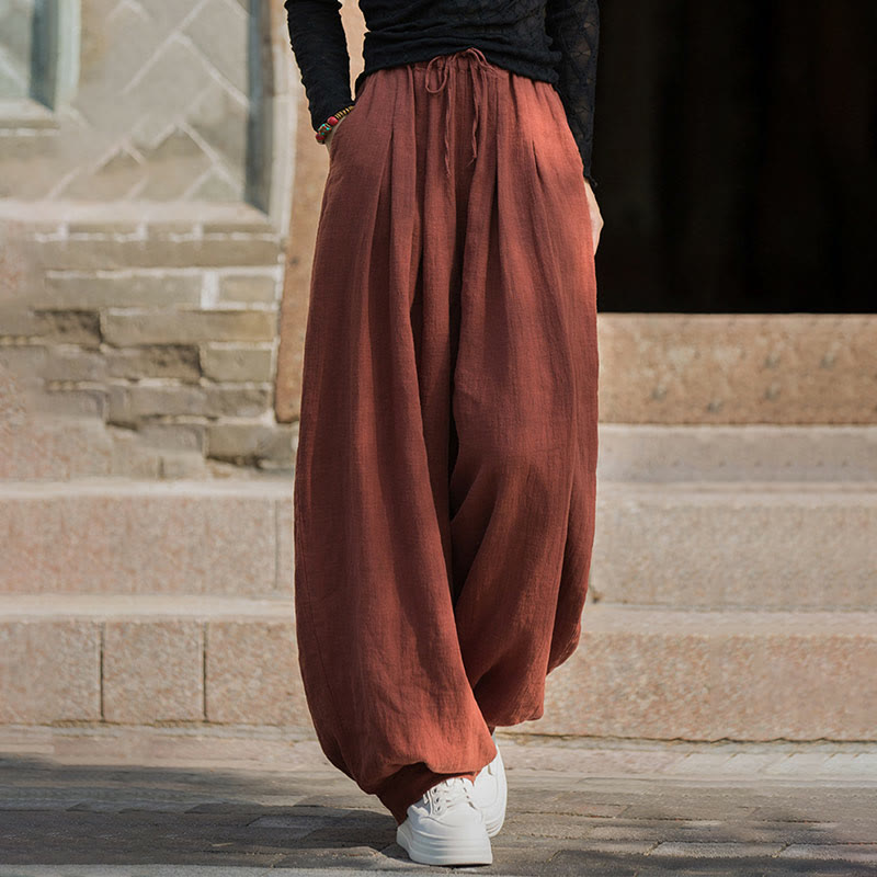 Nimara Ritual Casual Plain Loose Waist Tie Rope Women's Ramie Cotton Pants With Pockets