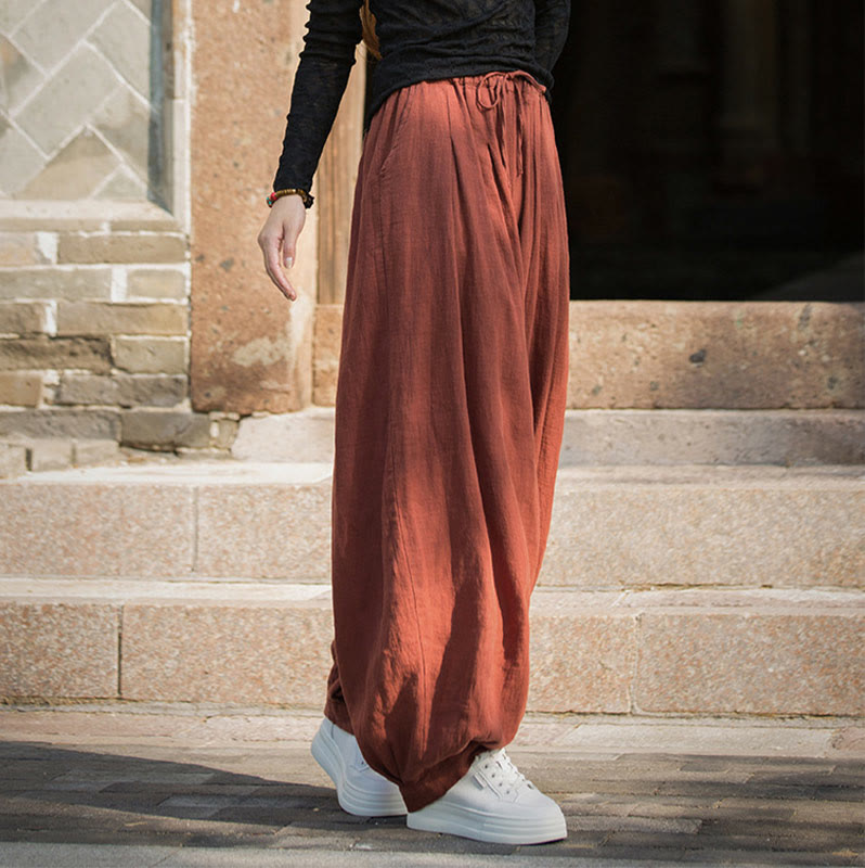 Nimara Ritual Casual Plain Loose Waist Tie Rope Women's Ramie Cotton Pants With Pockets