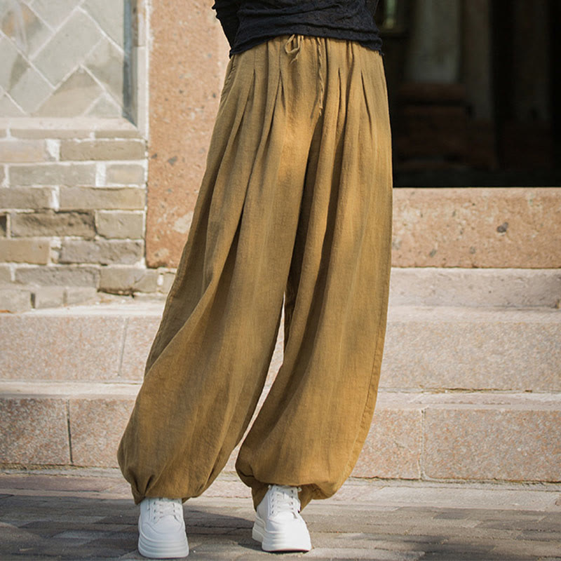 Nimara Ritual Casual Plain Loose Waist Tie Rope Women's Ramie Cotton Pants With Pockets