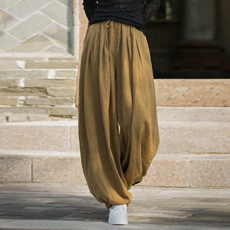 Nimara Ritual Casual Plain Loose Waist Tie Rope Women's Ramie Cotton Pants With Pockets