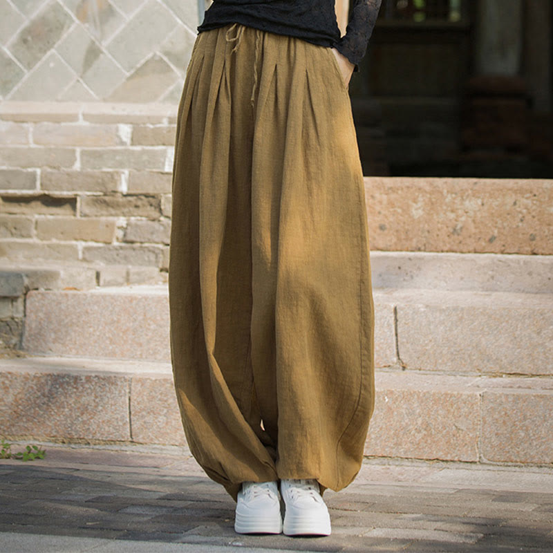 Nimara Ritual Casual Plain Loose Waist Tie Rope Women's Ramie Cotton Pants With Pockets
