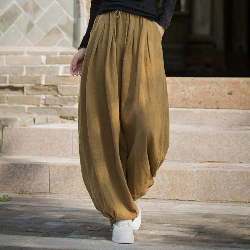Nimara Ritual Casual Plain Loose Waist Tie Rope Women's Ramie Cotton Pants With Pockets