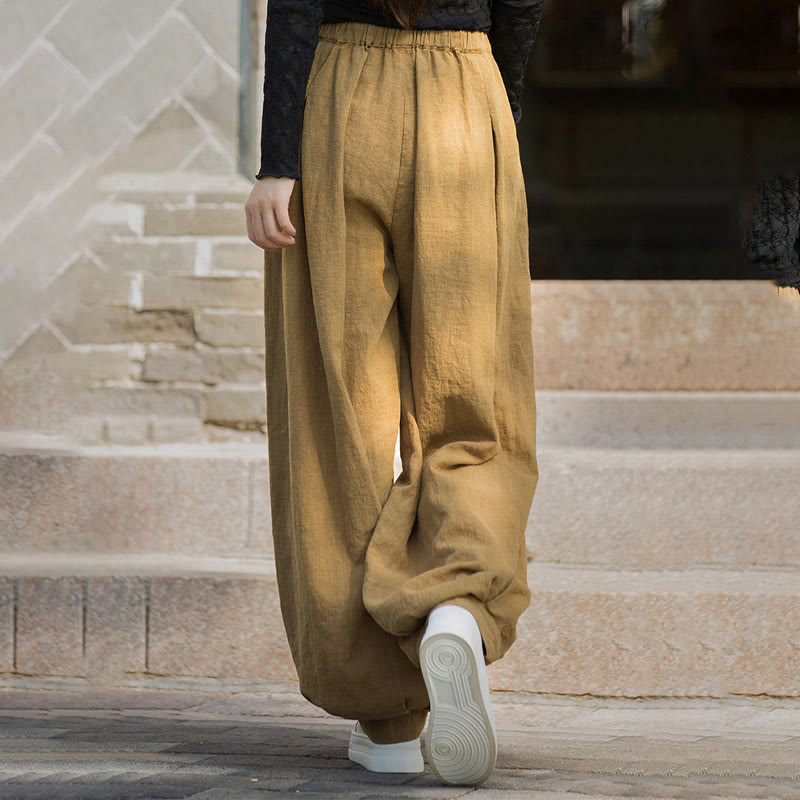 Nimara Ritual Casual Plain Loose Waist Tie Rope Women's Ramie Cotton Pants With Pockets