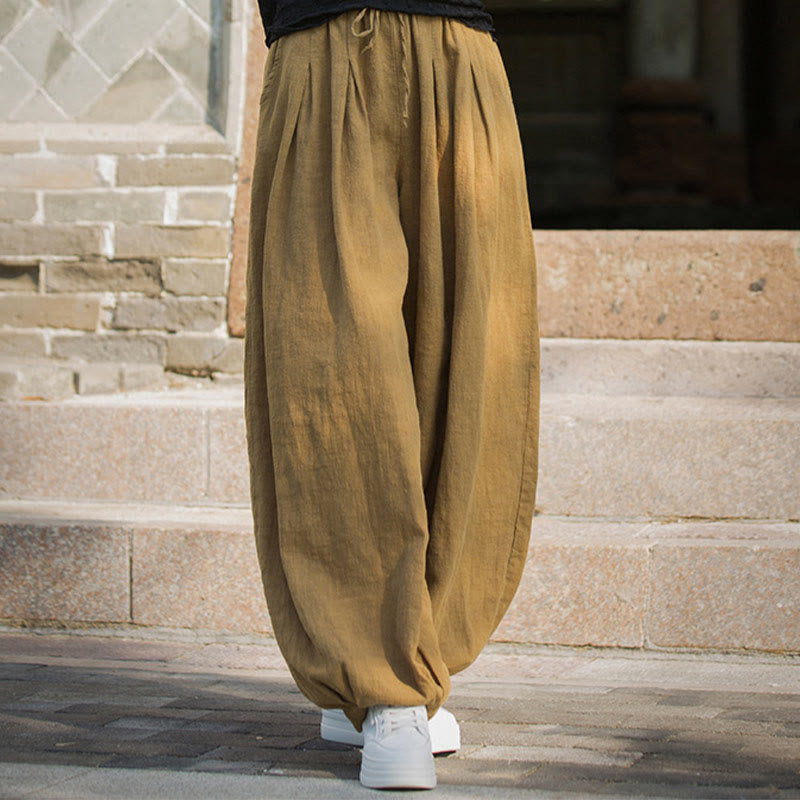 Nimara Ritual Casual Plain Loose Waist Tie Rope Women's Ramie Cotton Pants With Pockets