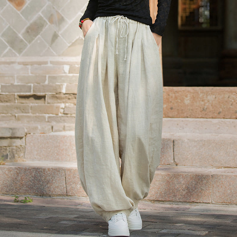 Nimara Ritual Casual Plain Loose Waist Tie Rope Women's Ramie Cotton Pants With Pockets