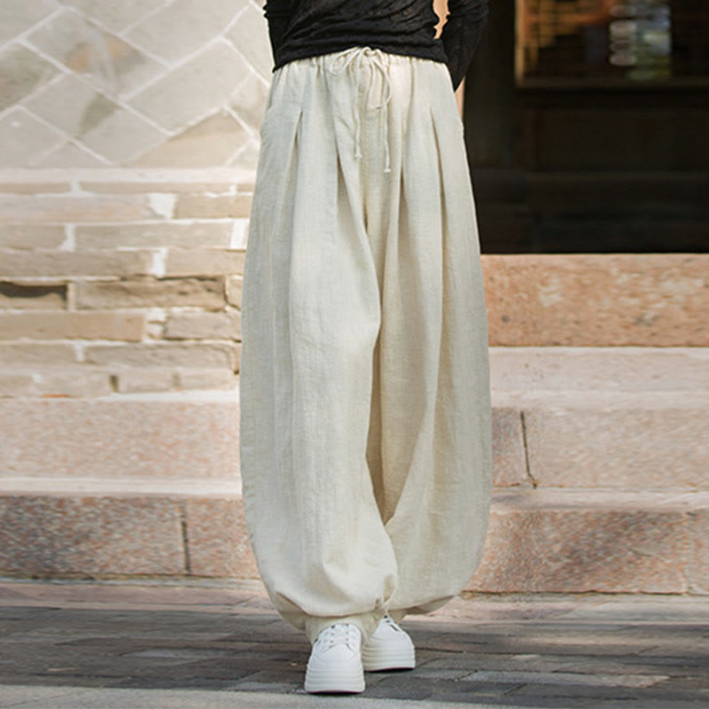 Nimara Ritual Casual Plain Loose Waist Tie Rope Women's Ramie Cotton Pants With Pockets
