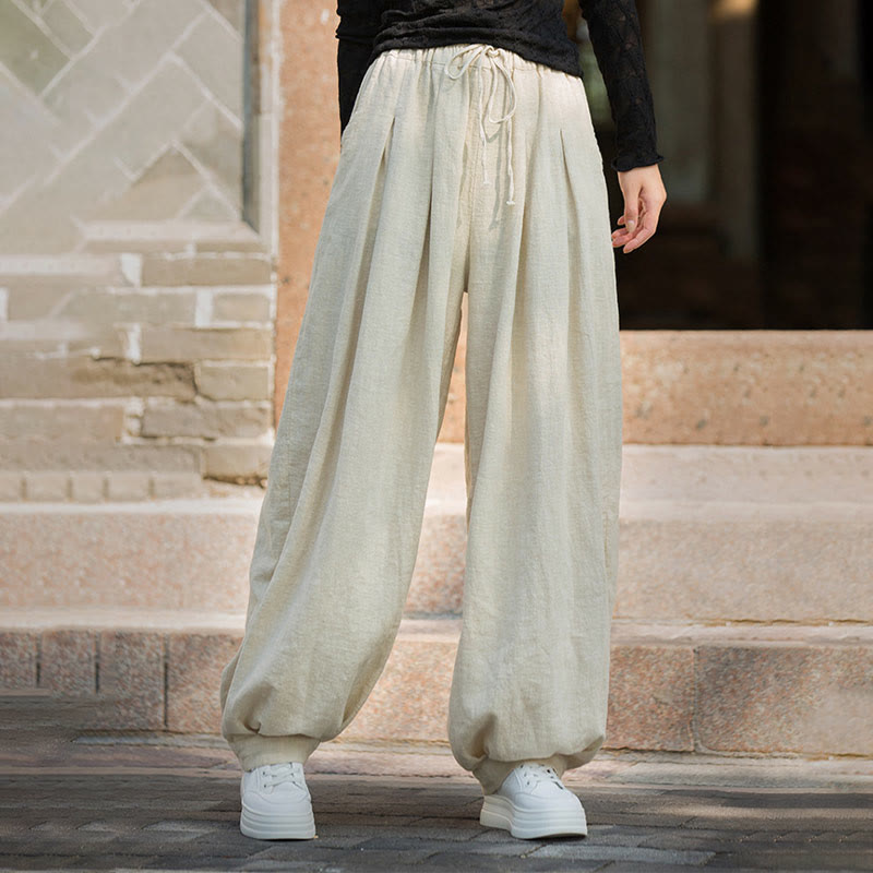 Nimara Ritual Casual Plain Loose Waist Tie Rope Women's Ramie Cotton Pants With Pockets