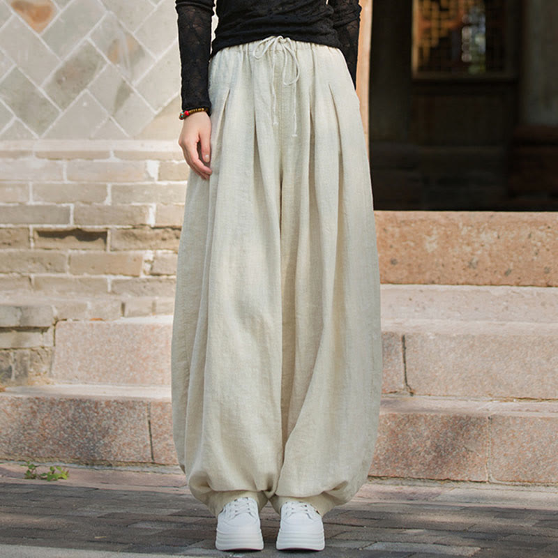 Nimara Ritual Casual Plain Loose Waist Tie Rope Women's Ramie Cotton Pants With Pockets