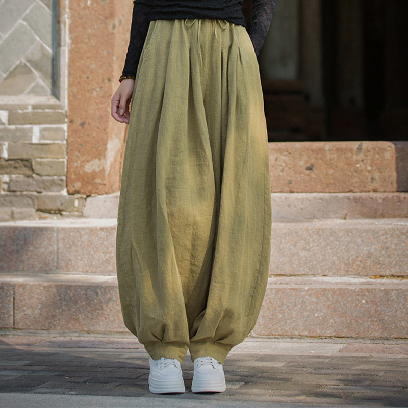 Nimara Ritual Casual Plain Loose Waist Tie Rope Women's Ramie Cotton Pants With Pockets