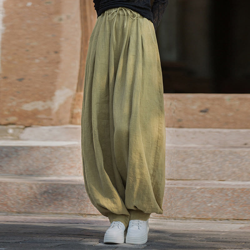 Nimara Ritual Casual Plain Loose Waist Tie Rope Women's Ramie Cotton Pants With Pockets
