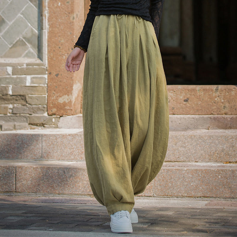 Nimara Ritual Casual Plain Loose Waist Tie Rope Women's Ramie Cotton Pants With Pockets