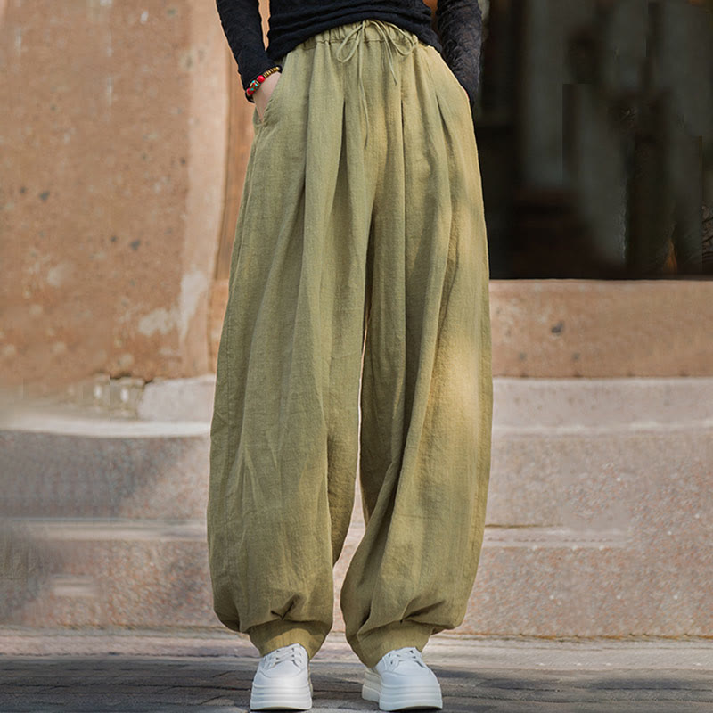 Nimara Ritual Casual Plain Loose Waist Tie Rope Women's Ramie Cotton Pants With Pockets