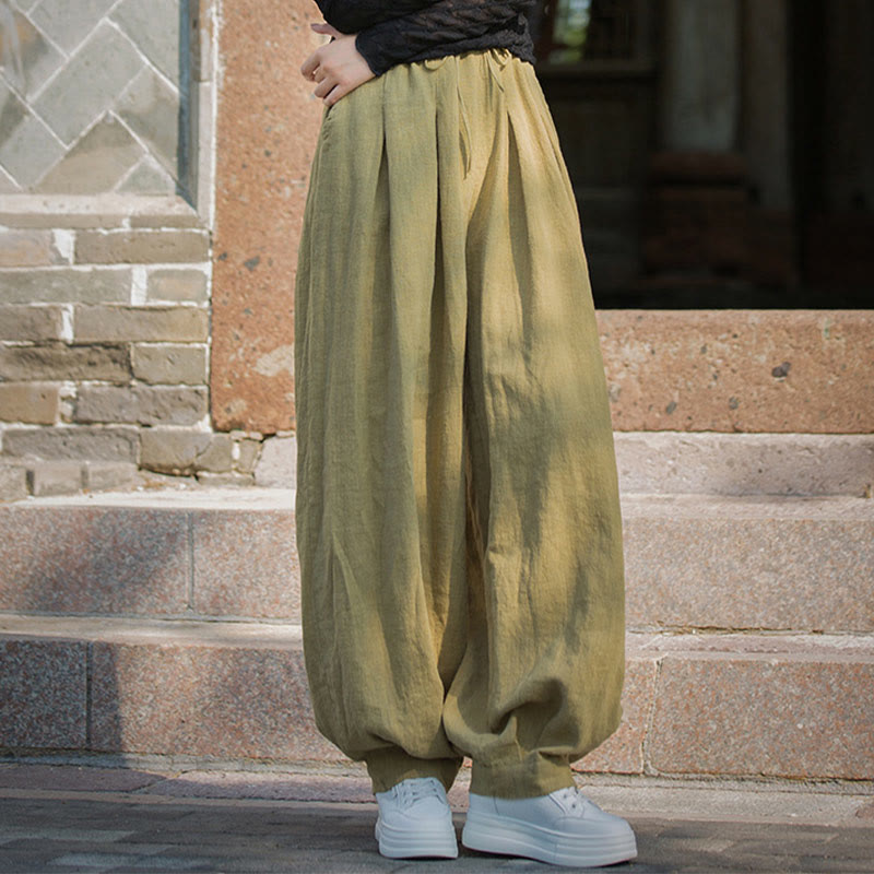 Nimara Ritual Casual Plain Loose Waist Tie Rope Women's Ramie Cotton Pants With Pockets