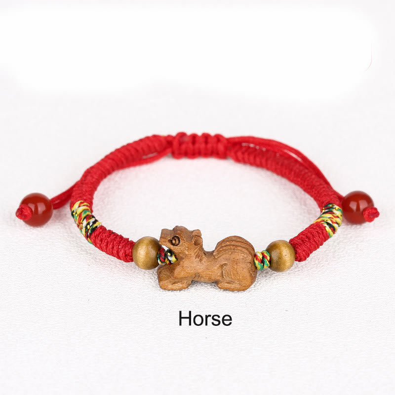 Nimara Ritual Handmade Chinese Zodiac Red String Peach Wood Luck Bracelet