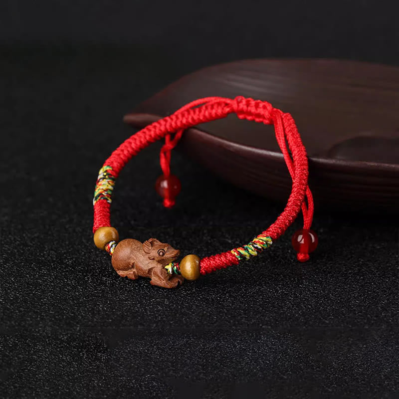 Nimara Ritual Handmade Chinese Zodiac Red String Peach Wood Luck Bracelet