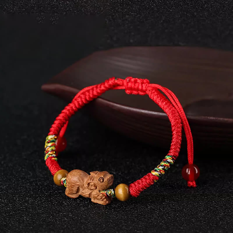 Nimara Ritual Handmade Chinese Zodiac Red String Peach Wood Luck Bracelet