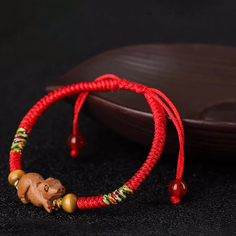 Nimara Ritual Handmade Chinese Zodiac Red String Peach Wood Luck Bracelet