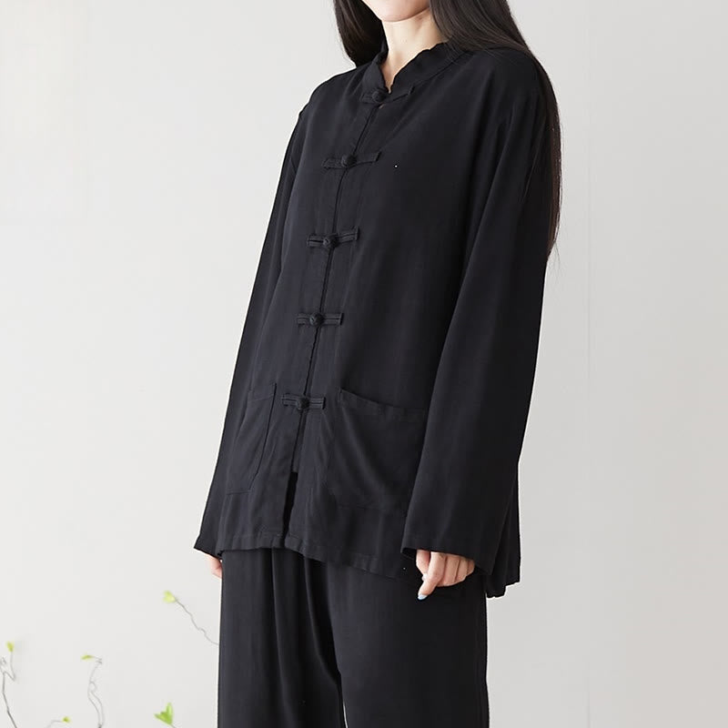 Nimara Ritual Solid Color Frog-button Long Sleeve Cotton Linen Women's Shirts With Pockets