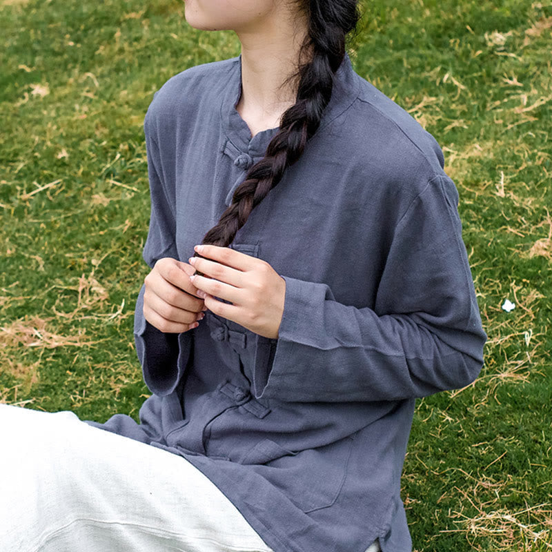 Nimara Ritual Solid Color Frog-button Long Sleeve Cotton Linen Women's Shirts With Pockets