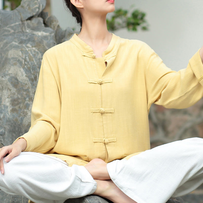 Nimara Ritual Solid Color Frog-button Long Sleeve Cotton Linen Women's Shirts With Pockets