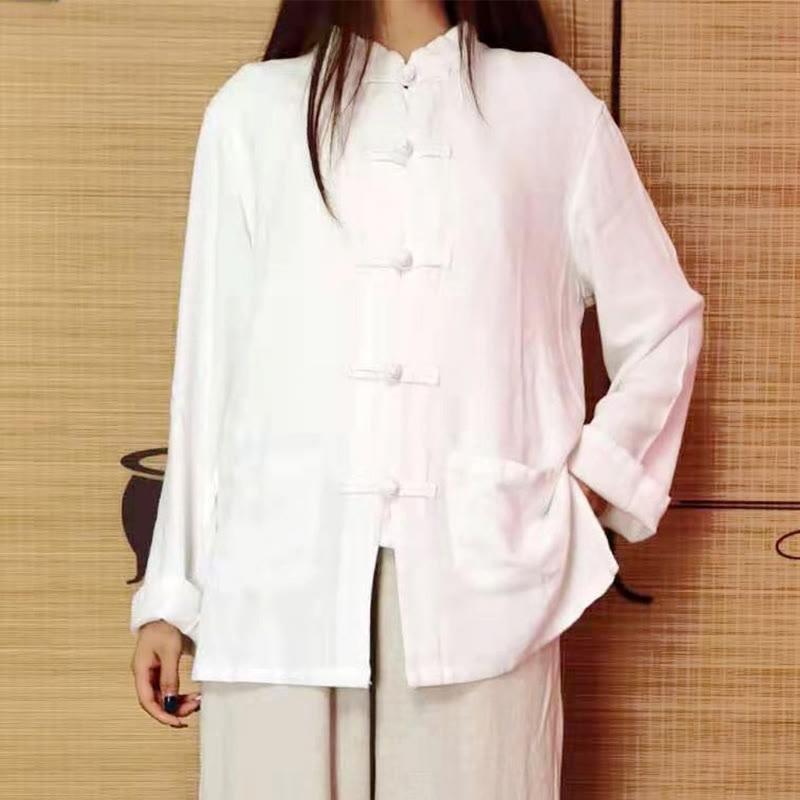 Nimara Ritual Solid Color Frog-button Long Sleeve Cotton Linen Women's Shirts With Pockets