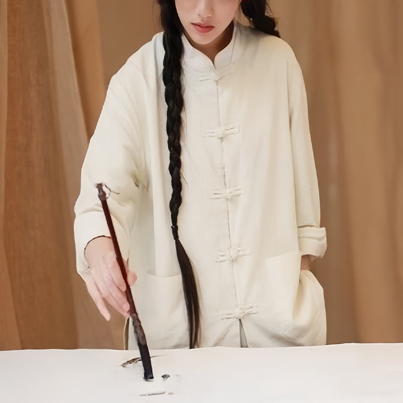 Nimara Ritual Solid Color Frog-button Long Sleeve Cotton Linen Women's Shirts With Pockets