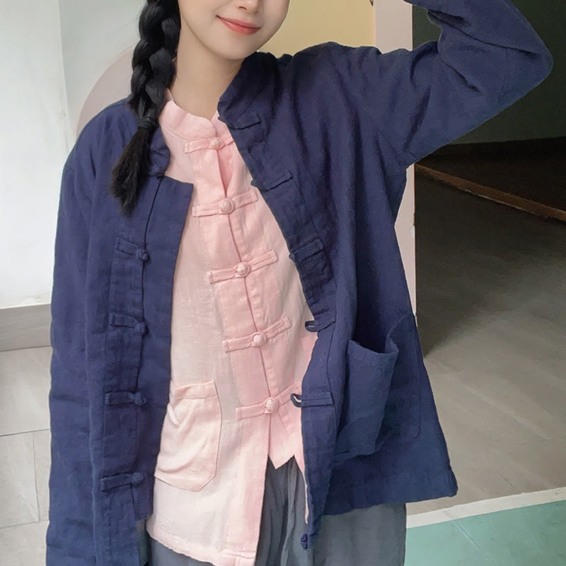 Nimara Ritual Solid Color Frog-button Long Sleeve Cotton Linen Women's Shirts With Pockets