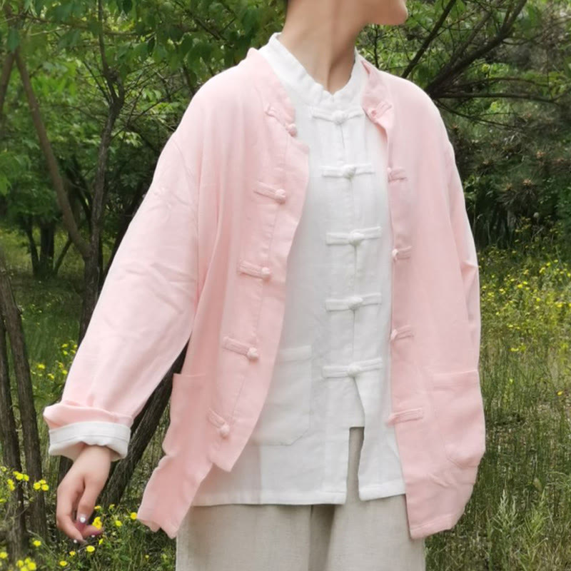 Nimara Ritual Solid Color Frog-button Long Sleeve Cotton Linen Women's Shirts With Pockets