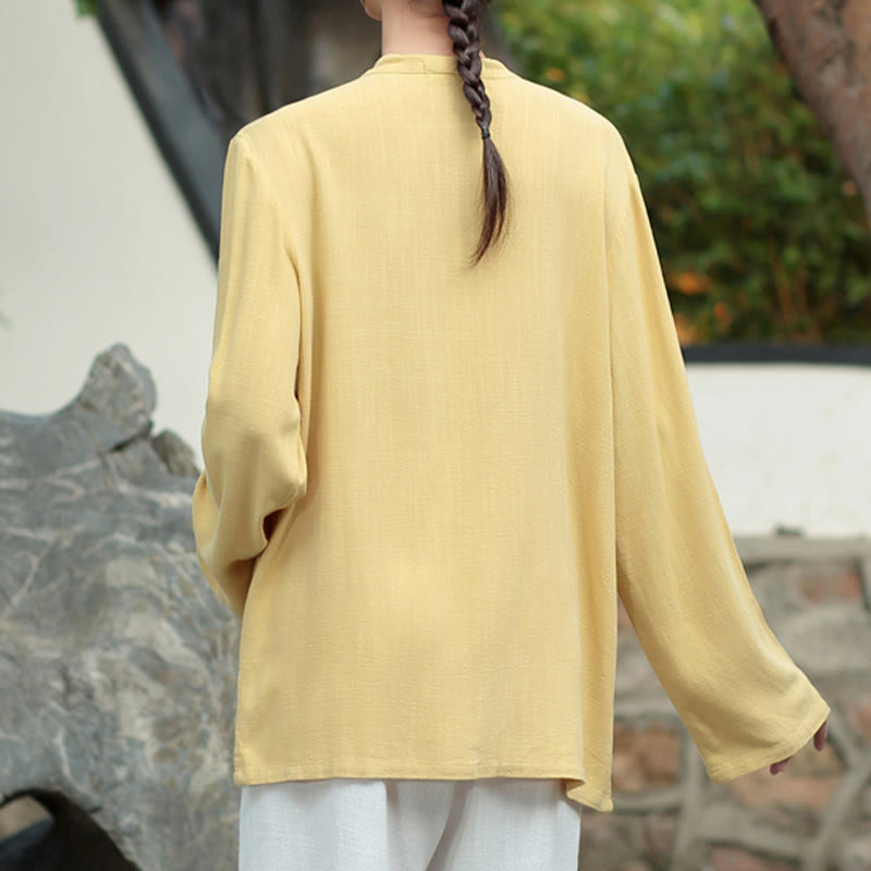 Nimara Ritual Solid Color Frog-button Long Sleeve Cotton Linen Women's Shirts With Pockets