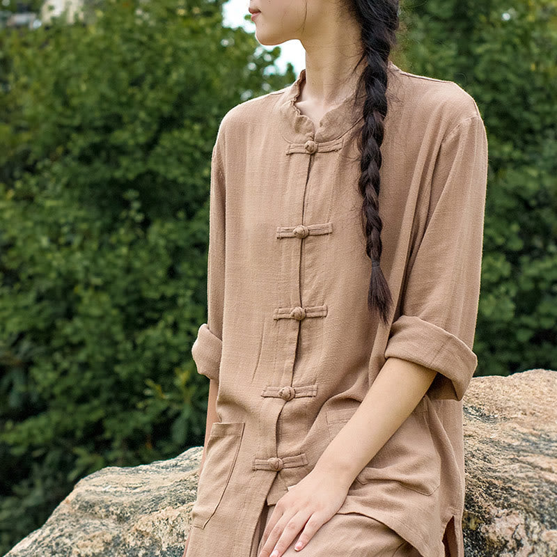 Nimara Ritual Solid Color Frog-button Long Sleeve Cotton Linen Women's Shirts With Pockets