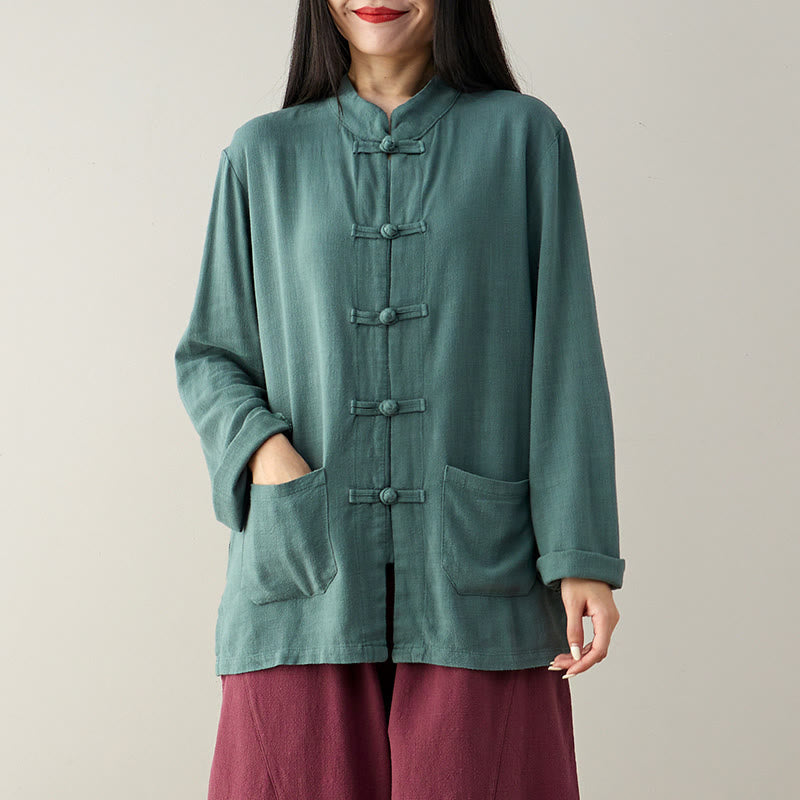 Nimara Ritual Solid Color Frog-button Long Sleeve Cotton Linen Women's Shirts With Pockets