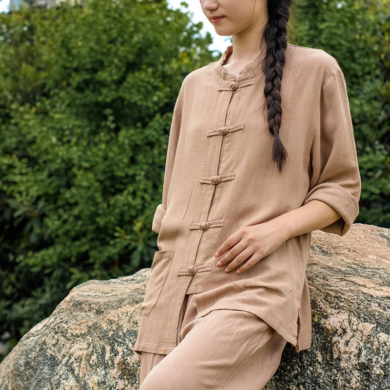 Nimara Ritual Solid Color Frog-button Long Sleeve Cotton Linen Women's Shirts With Pockets