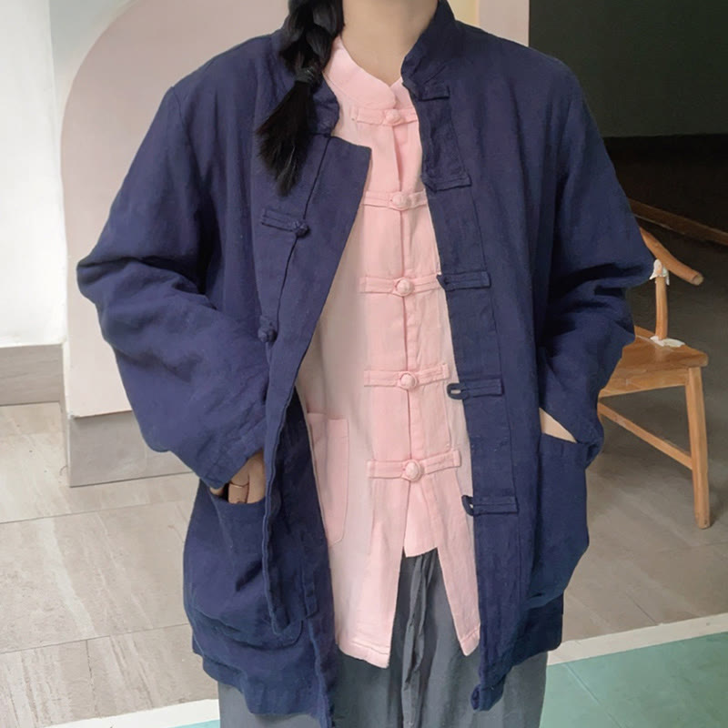Nimara Ritual Solid Color Frog-button Long Sleeve Cotton Linen Women's Shirts With Pockets